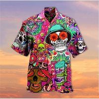 Voor heren Overhemd Hawaiiaans overhemd Kampshirt Grafisch overhemd Aloha-shirt Doodskoppen Strijkijzer Rood blauw Paars Groen 3D-afdrukken Buiten Straat Korte mouw Button-omlaag Kleding Hawaii Lightinthebox - thumbnail