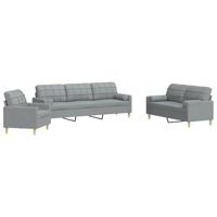 vidaXL 3-delige Loungeset met sierkussens stof lichtgrijs, bankstel, bank, zitbank, bankenset, loveseat, fauteuil, relaxfauteuil, leunstoel