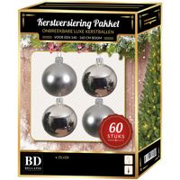 Kerstbal en ster piek set 60x zilver voor 150 cm boom - thumbnail