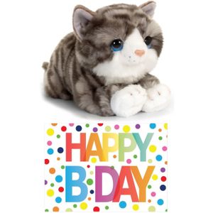 Cadeau setje pluche grijze kat/poes knuffel 32 cm met Happy Birthday wenskaart   -