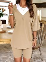 V Neck Casual Loose Plain Two-Piece Set