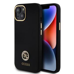 iPhone 15 Guess 4G Strass Metaal Logo Vloeibaar Siliconen Hoesje - Zwart