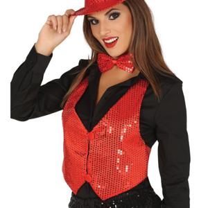 Verkleed set voor dames - gilet en vlinderstrikje - rood - pailletten - one size - carnaval