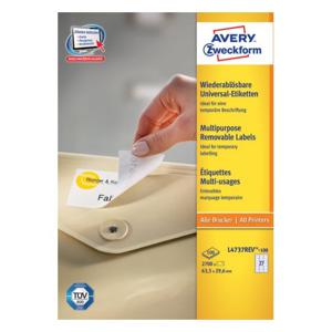 Avery-Zweckform L4737REV-100 Universele etiketten 63.5 x 29.6 mm Papier Wit 2700 stuk(s) Weer verwijderbaar Inkjet, Laser (zwart/wit), Laser (kleur), Kopiëren