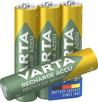 VARTA Recharge Accu Recycled oplaadbaar, Ready-to-use voorgeladen AAA Micro Ni-MH accu (verpakking met 4 stuks, 800mAh) - voor 11% gemaakt van hergebruikt materiaal - herlaadbaar zonder memory-effect
