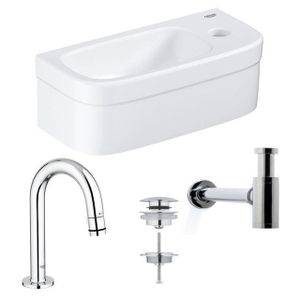 GROHE Euro fonteinset 37x18cm gebogen GROHE kraan Saniclass sifon afvoerplug Chroom Wit sw1175/0437366/sw6267/sw197129/