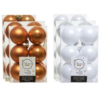 Kerstversiering kunststof kerstballen mix cognac bruin/winter wit 4-6-8 cm pakket van 68x stuks - thumbnail