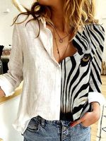 Cotton Linen Zebra Print Loose Long Sleeve Blouse