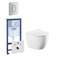 QeramiQ Salina Compact toiletset bestaande uit inbouwreservoir, compact wandcloset met toiletzitting en bedieningsplaat verticaal mat chroom 0729205/0729241/sw258541/