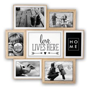 Multi fotolijst met houten frame naturel/wit met 7 lijstjes geschikt voor diverse maten foto