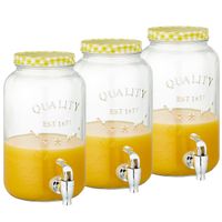 Set van 3x stuks glazen drankdispensers/limonadetap met geel/wit geblokte dop 3,5 liter