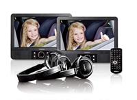Lenco MES-415 Draagbare dvd-speler met dubbel scherm, USB en SD-aansluiting, 12 volt auto-adapter, afstandsbediening, 2 x hoofdsteunbevestiging, 2 x koptelefoon, zwart