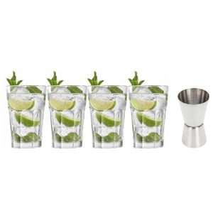 4x Cocktailglazen / Mojito glazen transparant 410 ml met RVS maatbeker / barmaatje