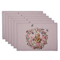 Clayre & Eef Placemats Set van 6 48x33 cm Wit Roze Katoen Rechthoek - thumbnail