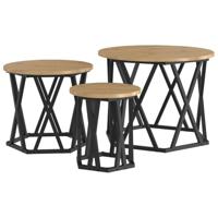 vidaXL Set van 3 ronde salontafels van massief eikenhout, minimalistisch ontwerp voor serveren en productpresentatie, modern met zwart metalen frame voor woonkamer accenten, stijlvol