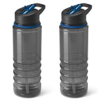 2x Stuks kunststof waterfles/drinkfles transparant zwart/blauw met rietje 650 ml