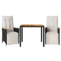 vidaXL 3-delige Bistroset met kussens poly rattan zwart, loungeset, loungeset tuin, loungeset buiten, tuinset, terrasset, tuinset lounge