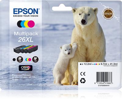 Epson Inktcartridge T2636, 26XL Origineel Combipack Zwart, Cyaan, Magenta, Geel C13T26364010