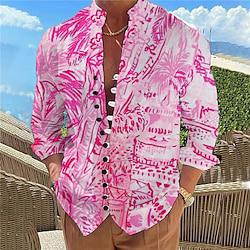 Palmboom Hawaii Toevlucht Voor heren Bedrukte overhemden Lange mouw Buiten Alledaagse kleding Vakantie Lente zomer Opstaande boord Afdrukken Button-omlaag Blozend Roze blauw Oranje Groen Polyester Lightinthebox