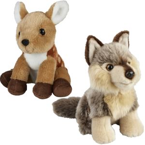 Knuffeldieren set wolf en hertje pluche knuffels 18 cm