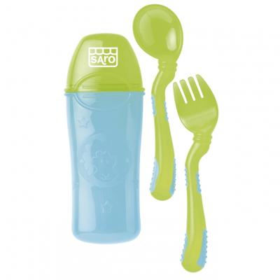Saro vork en lepel in opbergdoosje ergonomisch groen/blauw Saro vork en lepel in opbergdoosje ergonomisch groen/blauw