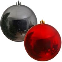 Kerstversieringen set van 6x grote kunststof kerstballen rood en zilver 14 cm glans - thumbnail