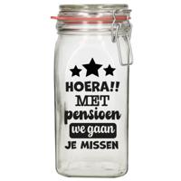 Cadeau voorraadpot - pensioen - glas - 12 x 7 cm - 1,5 liter - VUT cadeau - snoeppot - collega - thumbnail