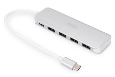 Digitus DA-70242-1 USB 3.2 Gen 1-hub 4 + 1 poorten Met snellaadpoort, Met USB-C stekker, Met aluminium behuizing Zilver
