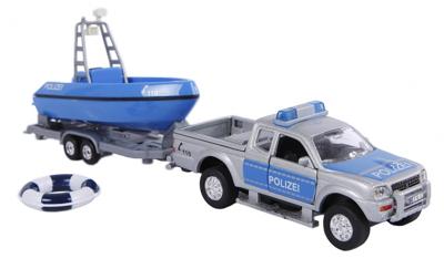 2 Play Duitse politiewagen met boot pull back 27 cm blauw/grijs 2 Play Duitse politiewagen met boot pull back 27 cm blauw/grijs