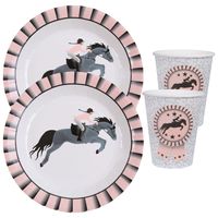 Paarden thema feest wegwerp servies set - 10x bordjes / 10x bekers - grijs/roze