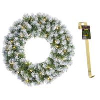 Kerstkrans/deurkrans groen met verlichting 30 lampjes en sneeuw 60 cm en met gouden hanger - thumbnail