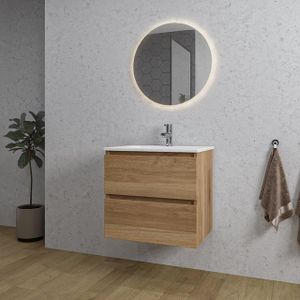 Adema Chaci Badkamermeubelset - 60x46x57cm - 1 keramische wasbak wit - 1 kraangat - 2 lades - ronde spiegel met verlichting - kaneel SW718700/SW804530/SW108325