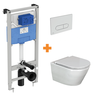 Luca Varess Calibro hangend toilet en finolisso wc-bril hoogglans wit randloos met inbouwreservoir en gratis Ideal Standard Oleas M1 mat chroom bedieningspaneel