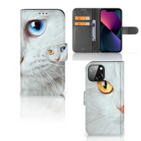 iPhone 13 Mini Telefoonhoesje met Pasjes Witte Kat - thumbnail