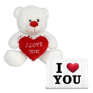 Pluche knuffel Valentijn I Love You beertje 20cm met hartjes wenskaart