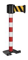 Buitenpaal rood/wit zware basis op wielen - riem 10 m/100 mm zwart/geel