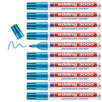 edding 3000 permanent marker - licht-blauw - 10 stiften - ronde punt 1,5-3 mm - sneldrogende permanent marker - water- en wrijfvast - voor karton, kunststof, hout, metaal - universele marker