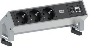 Bachmann 3x Schuko 1x CAT6 1x USB3.0 power uitbreiding 1,5 m 3 AC-uitgang(en) Zwart, Roestvrijstaal