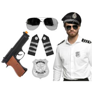 Carnaval verkleed set - politiepet - zwart - met epauletten/badge/zonnebril/pistool - heren/dames