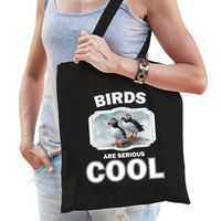 Katoenen tasje birds are serious cool zwart - vogels/ papegaaiduiker vogel cadeau tas