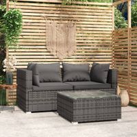 3-delige Loungeset met kussens poly rattan grijs - thumbnail