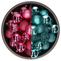 74x stuks kunststof kerstballen mix turquoise en fuchsia roze 6 cm - thumbnail