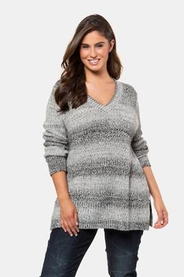 Ulla Popken Pullover, gebried, V-hals, zijsplitten, achter langer - Grote Maten
