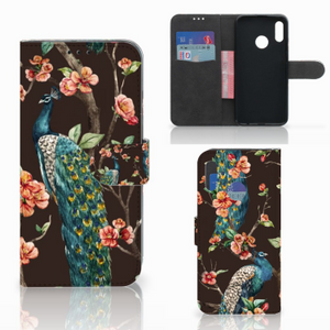 Honor 10 Lite Telefoonhoesje met Pasjes Pauw met Bloemen