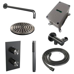 Regendoucheset Inbouw Brauer Gunmetal Carving Thermostatisch 20 cm met 3-Weg Omstelling, Gebogen Wandarm en Staaf Handdouche Geborsteld Gunmetal