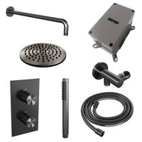 Regendoucheset Inbouw Brauer Gunmetal Carving Thermostatisch 20 cm met 3-Weg Omstelling, Gebogen Wandarm en Staaf Handdouche Geborsteld Gunmetal - thumbnail