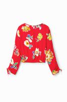 Korte aangerimpelde blouse met bloemen - RED - XS