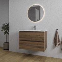 Adema Chaci Badkamermeubelset - 80x46x57cm - 1 ovale keramische wasbak wit - 1 kraangat - 2 lades - ronde spiegel met verlichting - noten (hout) SW718697/SW718717/SW108328