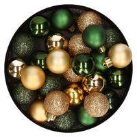 28x stuks kunststof kerstballen donkergroen en goud mix 3 cm   -