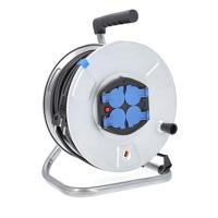 as - Schwabe Metall-Kabeltrommel – mit 50 m Kunststoffmantelleitung 230 V / 16 A – Verlängerungskabel-Trommel mit 4 Schutzkontakt-Steckdosen – IP20 – Made in Germany – Silber I 10319